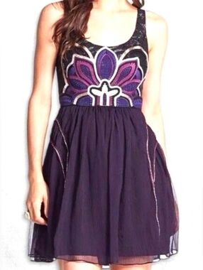 Free People Purple and Black Lotus Pond Embellished Fit and Flare Dress Size M